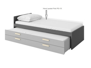 Horní postel Pok 13 s matrací, spodní postel Pok 14 se zásuvkou a matrací