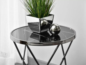 Odkládací stolek Amin S - sklo - mramor černý, tmavý chrom