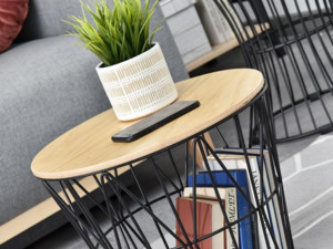 Drátěný odkládací stolek Olin s dubovou deskou, Ø 40 cm