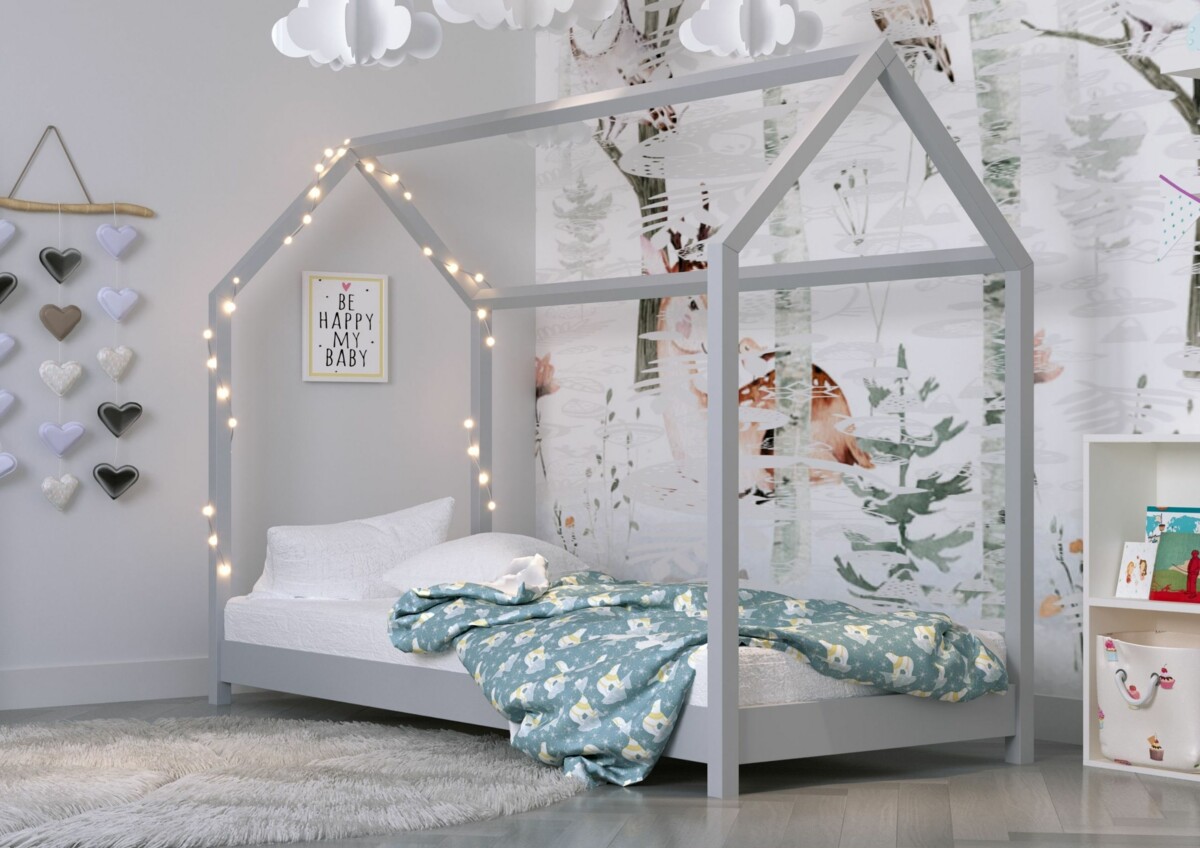 Dětská postel / domeček Bella 80 x 160 cm - šedá + matrace