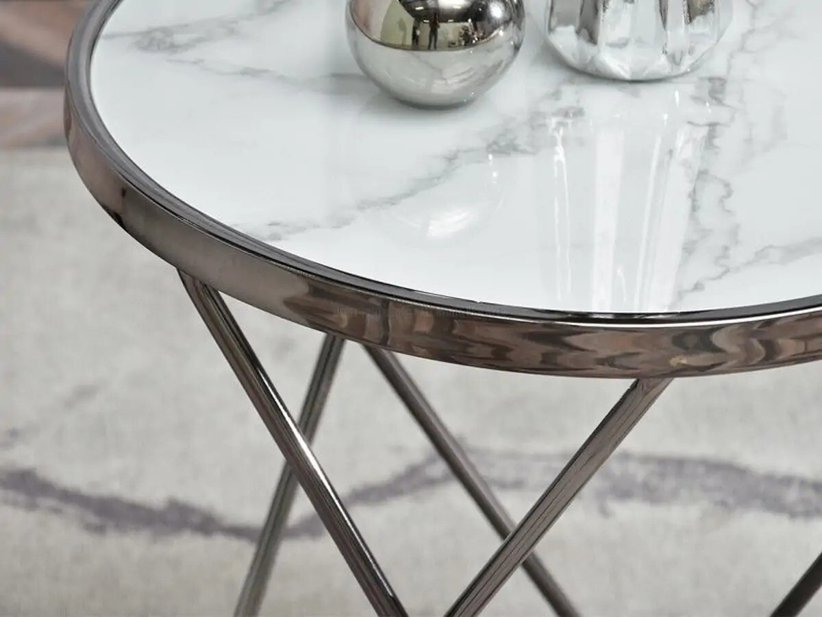 Odkládací stolek Amin S - sklo - mramor bílý, tmavý chrom