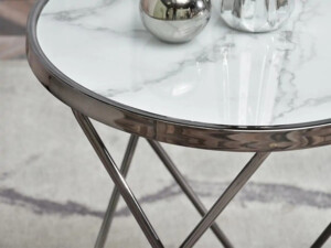 Odkládací stolek Amin S - sklo - mramor bílý, tmavý chrom