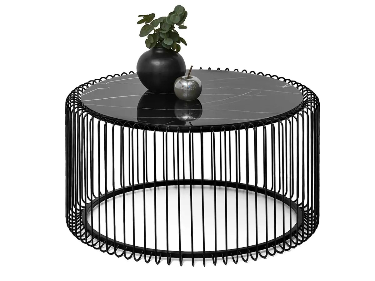 Kulatý drátěný stolek Navio XL - černý chrom/černé sklo v mramorovém provedení