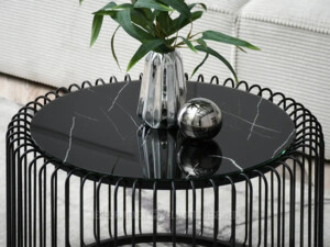 Kulatý drátěný stolek Navio L - černý chrom/černé sklo